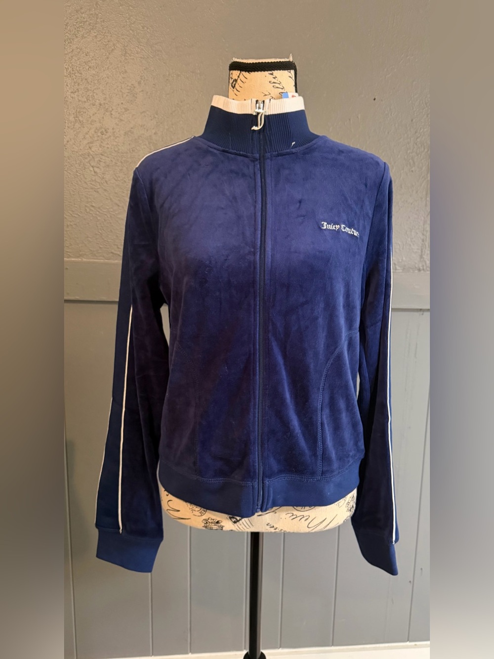 Juicy Couture Navy Velour Track Bomber Jacket with White Piping